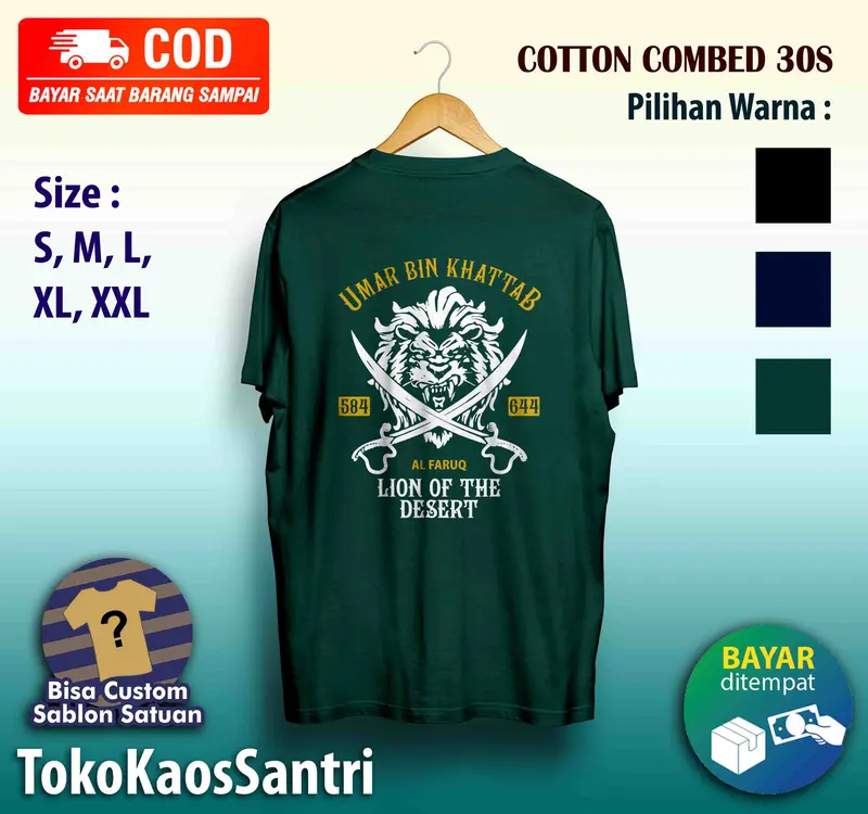 kaos distro santri Umar bin Khattab The lion of the desert Katun Santai dakwah muslim islami fashion terbaru viral tshirt cotton combed polos kata-kata Hitam Navy Custom Hijau 3