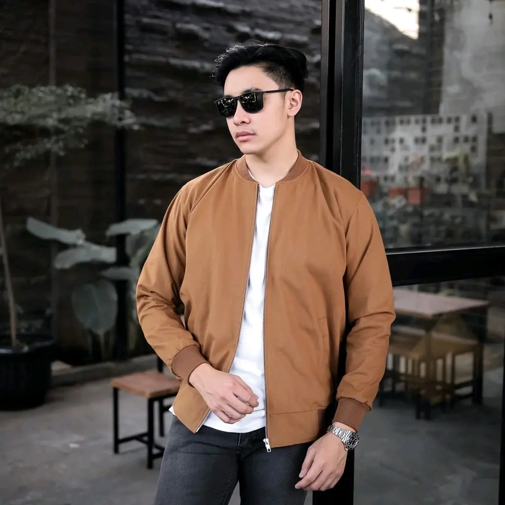 EVERFUSE jaket bomber pria kanvas Polos Slim-fitting Canvas Nyaman Casual Semi Casual Parka Panjang