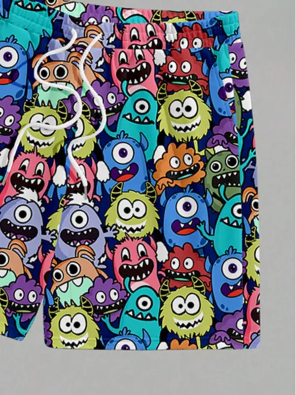 Two-Piece Set Men's Cartoon Print Tee & Shorts Set, Regular Fit Casual Round Neck Short Sleeve T-shirt & Shorts, Men's Summer Clothes 2