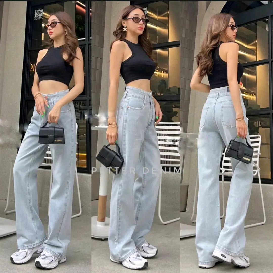 Highwaist Kulot Jeans Wanita Loose HITAM