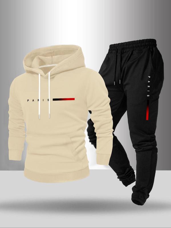 Men's Letter Print Drawstring Hoodie & Pocket Sweatpants Two-piece Set, Casual Long Sleeve Hooded Top & Jogger Pants for Fall & Winter, Men's Two-piece for Daily Wear, Mens Paris Tracksuit, Winter Outfits, 2000s Streetwear Outfits 6