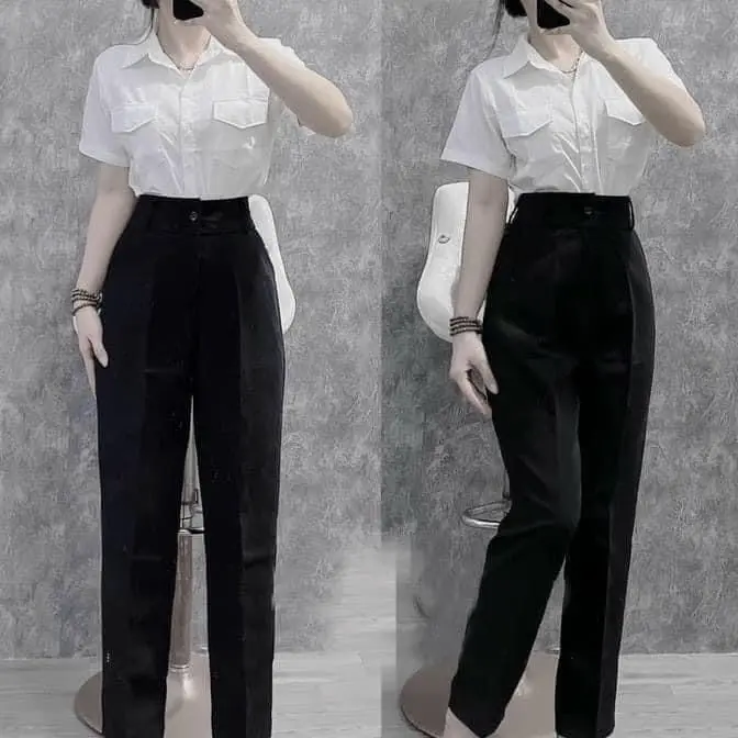 [ 1Khuy ] Quần Tây Nữ Lưng Cao 1 Cúc Có Đỉa Sơ Vin Cạp Cao Màu Đen 3