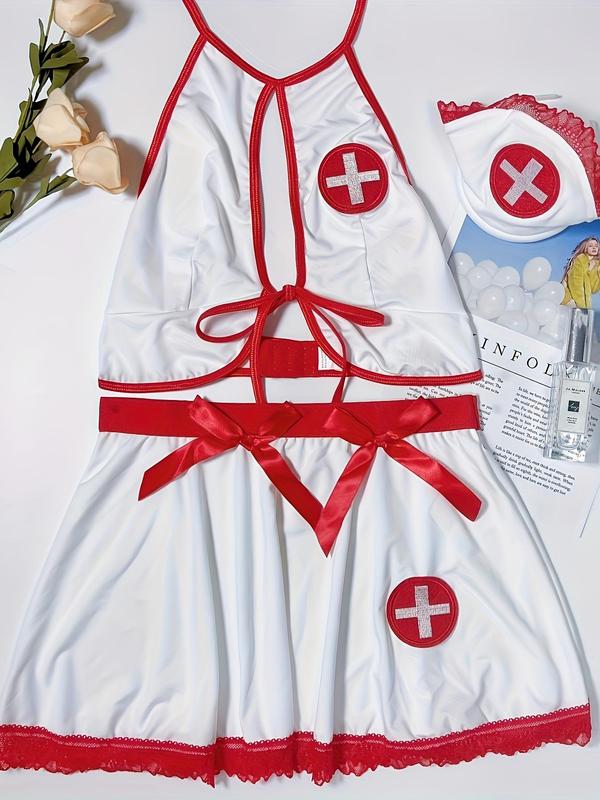Women's Contrast Binding Nurse Costume Set, Sexy Tie Back Halter Neck Bra & Plain Thong & Bow Decor Skirt & Contrast Lace Headband, Women's Lingerie & Underwear for All Seasons 1