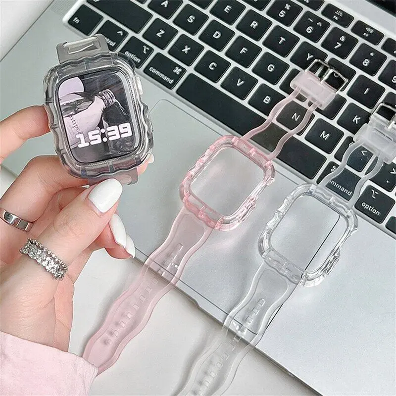 Transparent Band + Case For Apple Watch Series 10 9 8 7 6 SE 5 4 3 Clear Silicone Strap For Apple Watch 40mm 44mm 42mm 41mm 45mm 46mm Protective Shell