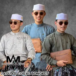 ALFATIH - {Best Seller 2026} Kemko jaguar Coral Kemeja koko sultan bahan katun motif timbul Coral Kemeja koko pria lengan panjang 2024 kemeja pria koko  pria - blue min coral, m