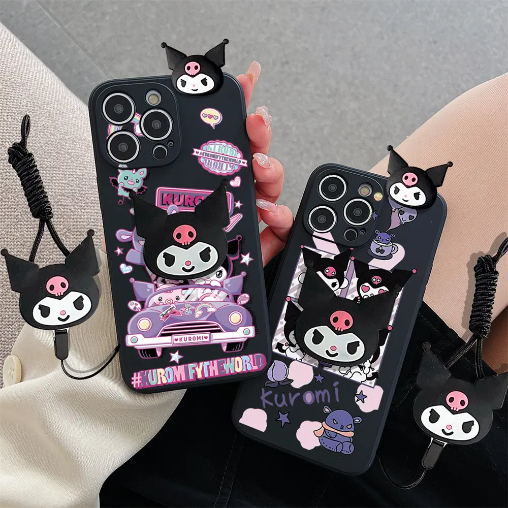 3D Cartoon Kuromi Toy Phone Holder Stand Wrist Strap Case For Samsung Galaxy S24 S23 S22 S21 S20 FE S10 S8 S9 Plus Ultra Casing Soft Silicone Lanyard Cover