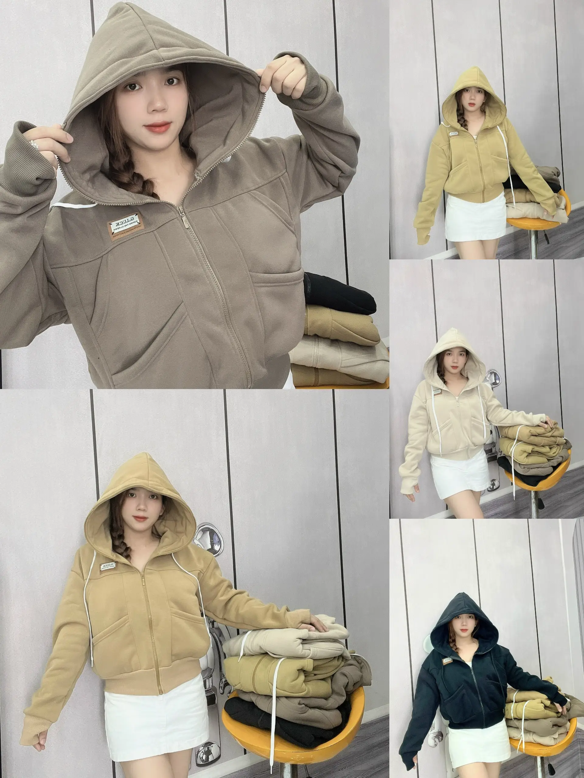 Áo Khoác Chống Nắng 6 Túi - Áo Khoác Nỉ Form Lửng, Nón To, Tay Xỏ Ngón SUSUSHOP Top Hoodie Zíp mã FL11- FL15. Women Có Túi