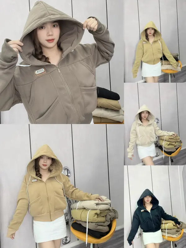 Áo Khoác Nỉ - Áo Khoác Nữ Form Lửng 6 Túi, Nón To, Tay Xỏ Ngón SUSUSHOP Top Hoodie Zíp mã FL11- FL15. Women Có Túi 0