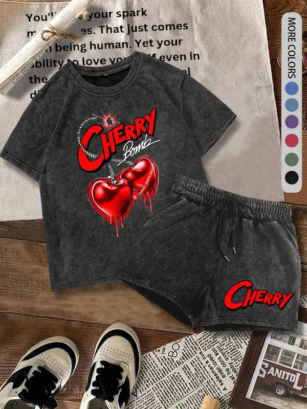 Two-piece Set Women's Cherry Print Tee & Shorts, Casual Round Neck Short Sleeve T-shirt & Shorts, Ladies Summer Clothes for Daily Wear, Suits, Womenswear 3