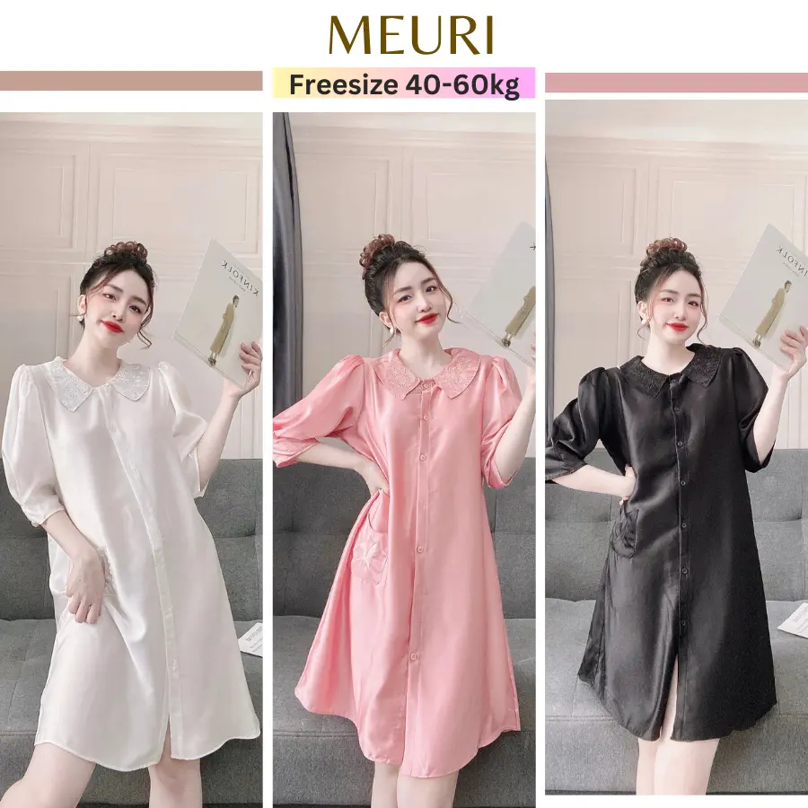 Đầm ngủ sơ mi lụa latin cổ thêu dễ thương