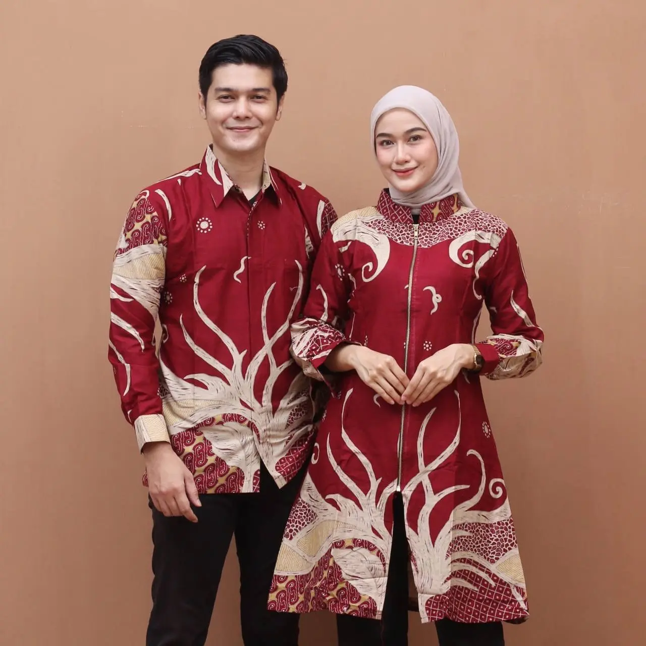 Couple Atasan Tunik Batik Wanita Best Kain Katun - Motif Akar Merah Baju Seragam Pasangan resleting set pakaian couple suami istri