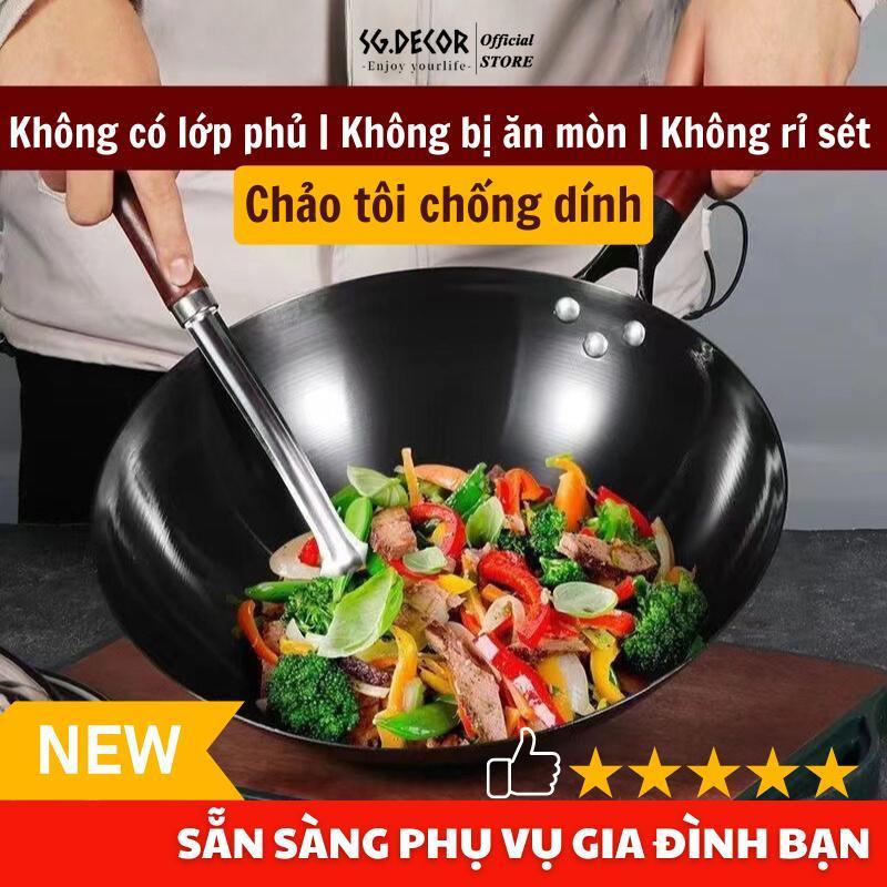 [SG.DECOR] Chảo Thép Carbon Cán Gỗ Sồi – Chuyên Dùng Nhà Hàng, Chống Dính Tự Nhiên, An Toàn Sức Khỏe, 3 Size 32-36-40cm