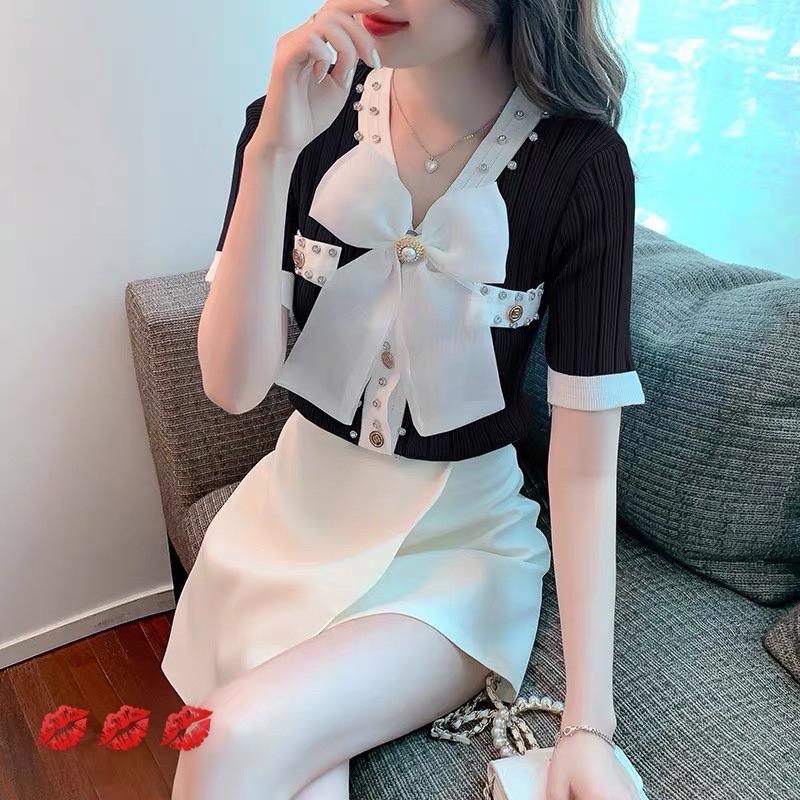 Áo len nơ kiểu tay ngắn dệt kim pha viền đính đá kèm tang nơ loại đẹp có đệm vai ( nơ có thể tháo rời ) Nữ Voi