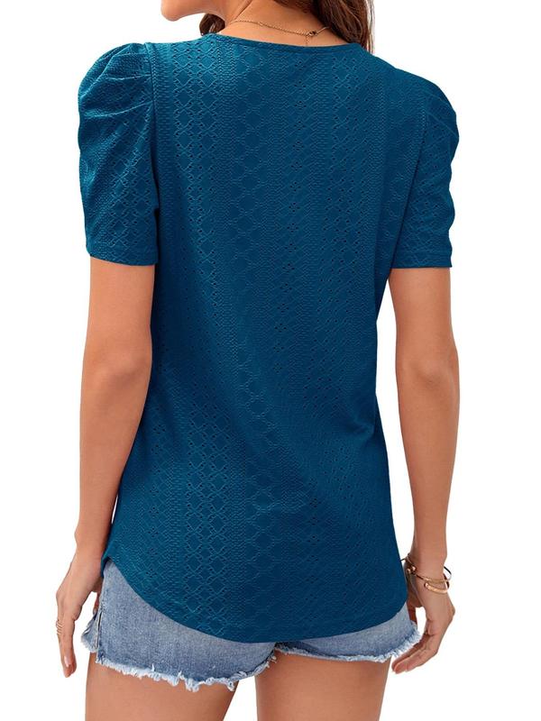 Women's Plain Eyelet Embroidery Puff Sleeve Tee, Fashion Casual Short Sleeve Square Neck T-shirt for Summer, Women's Top for Daily Wear, Womenswear 1