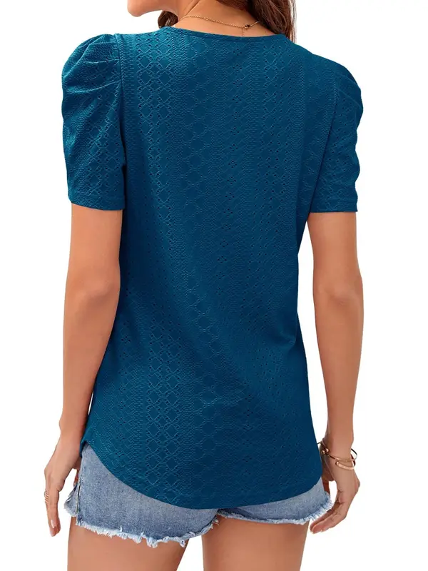 Women's Plain Eyelet Embroidery Puff Sleeve Tee, Fashion Casual Short Sleeve Square Neck T-shirt for Summer, Women's Top for Daily Wear, Womenswear 1