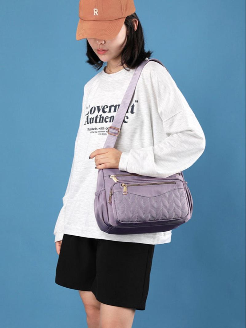 Product Introduction of Women's Plain Color Leaf Embroidered Crossbody Bag,  Casual Trendy Nylon Zipper Crossbody Bag, Fashion Large Capacity Crossbody Bag for Commuting, Daily Use 2