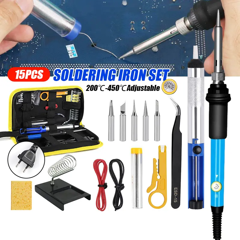 15 in 1 Soldering Iron Set 60W 220V Electronic Iron Kit 200-450°C Adjustable Temperature