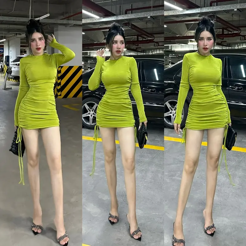 Đầm body nữ tay dài nhún tôn dáng, vải thun nhũ kim cương cao cấp co dãn lên dáng rất đẹp luôn ạ. Có thể điều chỉnh độ ngắn dài khi rút dây. Mặc đi làm, đi chơi, đi tiệc đều xinh luôn ạ. Bảng màu gồm : xanh bơ, xám, hồng ,đen ,cam ,nâu. Nhung Dress Voi 0