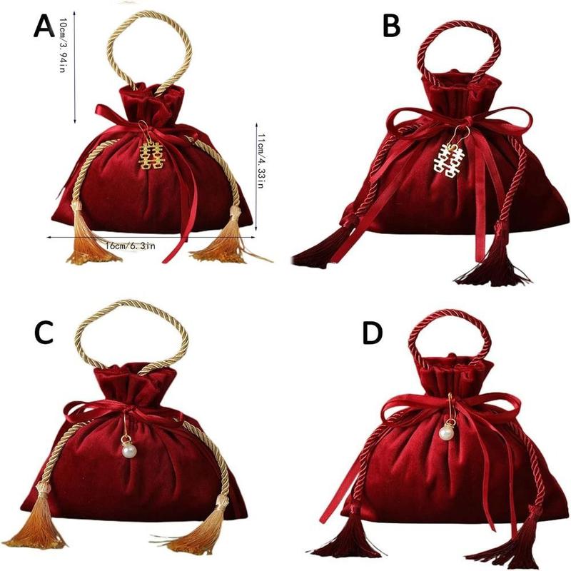 Drawstring Package Bag Velvet Drawstring Candy Bag Non-woven Fabrics With Drawstring and Tassels Flannel Gift Bag Wine Red Exquisite Chinese Traditional Wedding Gift Bag Wedding 2