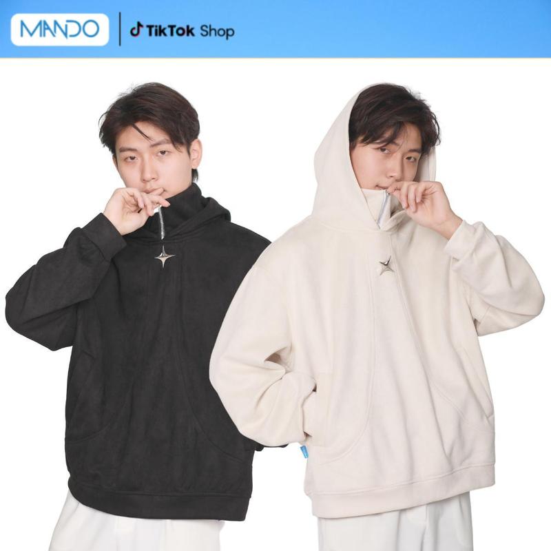 HOD006 Áo Hoodie Boxy Metalic MANDO Chất Liệu Nỉ Da Lộn Mềm Mịn Phối Phụ Kiện Kim Loại Menswear Kem Đen