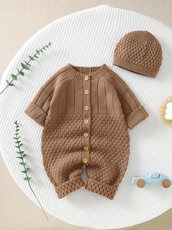 Baby's Solid Long Sleeve Button Front Sweater Onesie & Beanie Hat, Cute Raglan Sleeve Round Neck One-piece Knitwear Set, Newborn Infant Kid's Fall & Winter Clothes, Two Piece Set Winter Co Ord Sets, Baby Clothes, Baby Clothing Winter 7