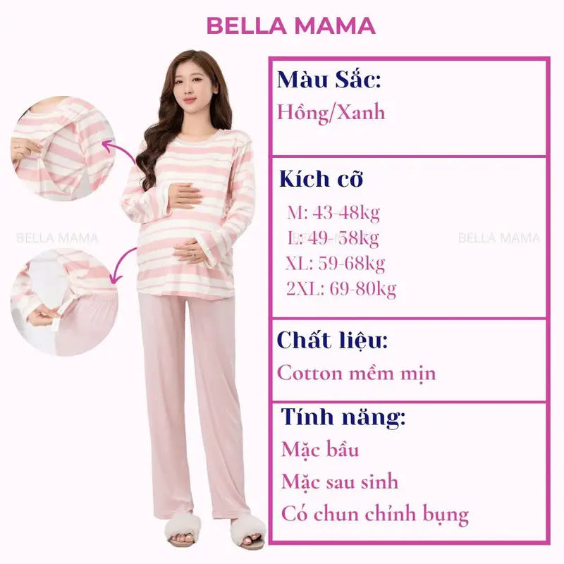 Bộ Bầu Mặc Nhà Cotton Đồ Bầu Sau Sinh Mở 2 Bên Cho Con Bú Và Quần Chun Chỉnh Bụng, Dài Tay Bella Mama - BN11 1