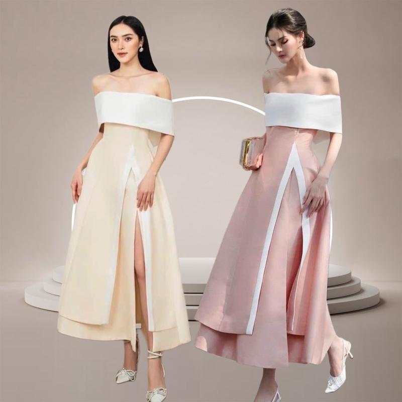 Đầm dự tiệc dáng dài maxi tafta hồng phối trắng Nữ Women Dress Cotton Kim Tuyến vaytet đỏ missavenue m đỏ và hồng váy dự tiệc Dệt Kim