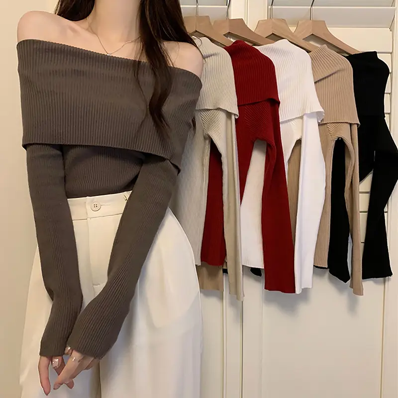 【LINNVZHUANG】Off Shoulder Elegant Sweater Women Slash Neck Stretch Long Sleeve Pullover