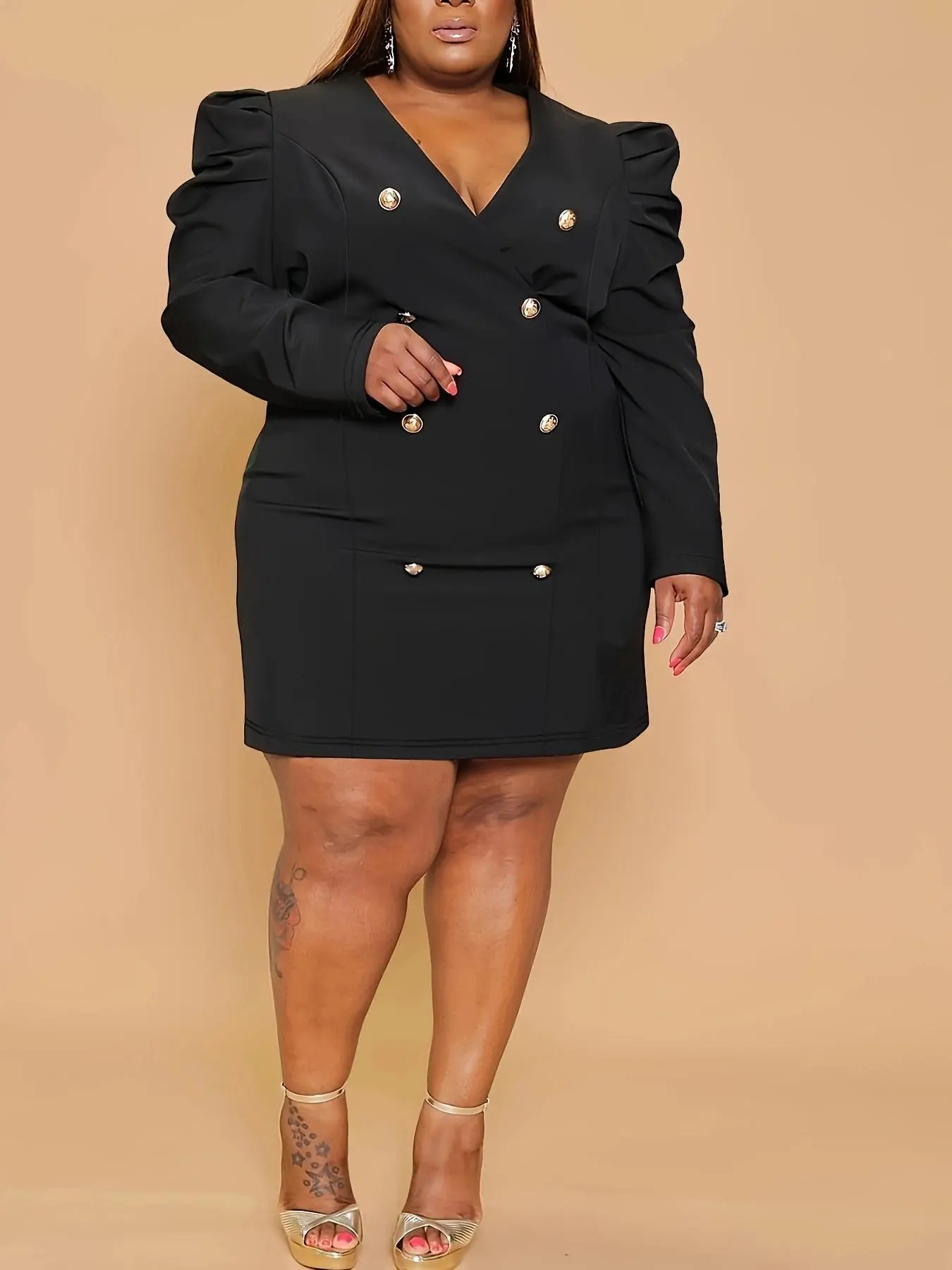 【Plus Size】 Solid Double Button Dress, Elegant V Neck Long Sleeve Dress for Spring & Fall, Women's Clothes for Daily Wear