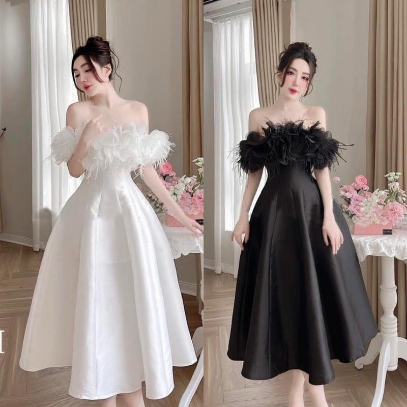 VÁY THIẾT KẾ- váy trễ vai hoa đính lông dáng dài NQ213