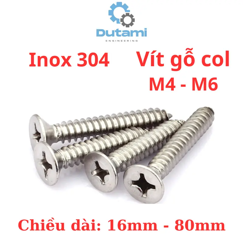 Vít răng thưa bắn gỗ, vít bắt tắc kê inox 304 đầu bằng size M4 M5 M6 3