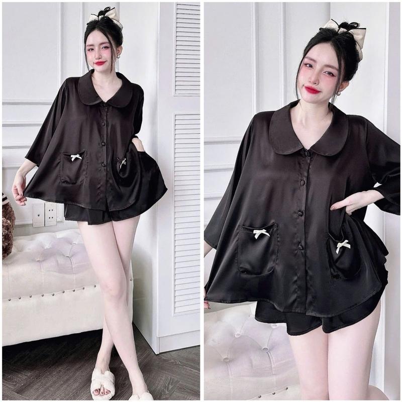 Đồ Ngủ Pijama Lụa HEUN YOUNG Bộ Đồ Pijama Áo Cổ Sen Tay Lửng Quần Đùi Lụa Latin Mềm Mịn Freesize 45-65kg Women Nữ Kem 5