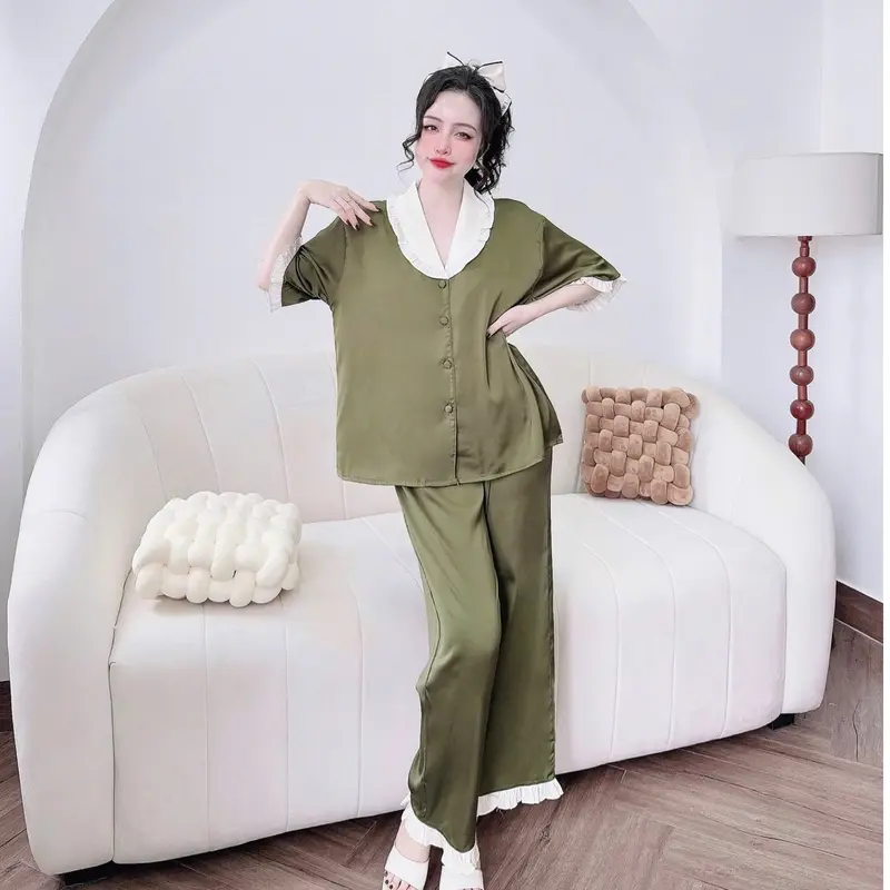 Set Bộ Pjzama cổ sen  FREESIZE 65kg Lụa Latin Áo Cổ Sen Bèo Quần Dài Bèo Óng Suông (Freesize 40-65kg) 7