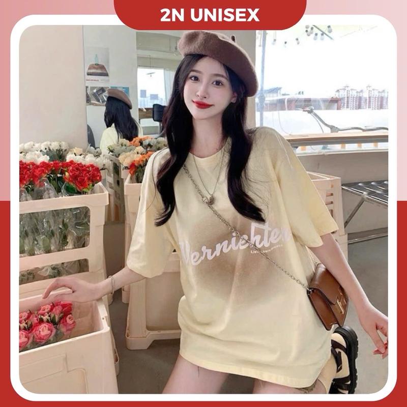 Áo phông nam nữ form rộng 2N Unisex thun cotton in nổi Vernichten màu kem/hồng pastel Cổ Tròn Áo Thun Top