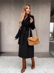 Women's Solid Belted Wrap Overcoat, Casual Split Hem Long Sleeve Coat for Fall & Winter, Women's Clothing for Daily Wear