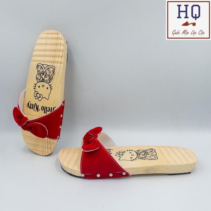 Guốc gỗ quai tai thỏ nhung êm chân dép gỗ thông massage Đông Kinh guốc mộc gợn sóng vẽ mèo Nhật Bản dễ thương đi trong nhà