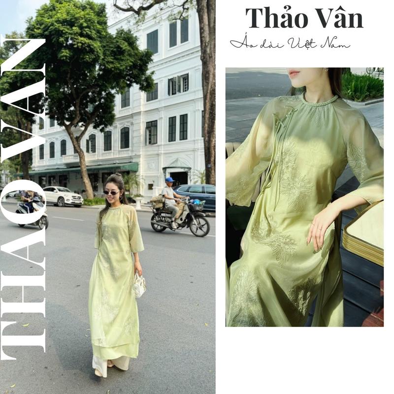 Áo Dài Cách Tân Fom Xuông Thi Thư Hoa Thêu Ren Nổi Cao Cấp -  cover Linn Design Kem Nữ Women Dress