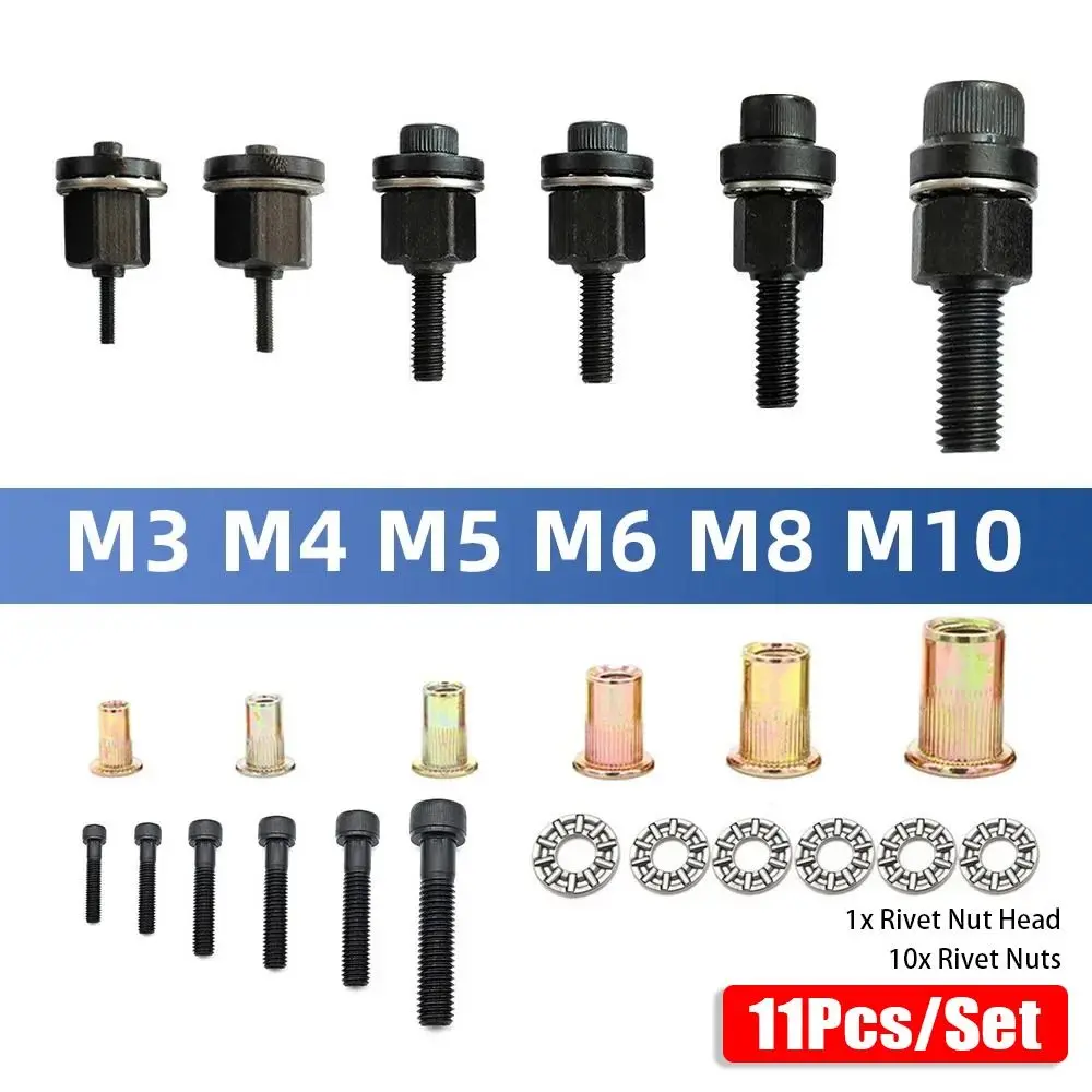 Bộ đinh tán bằng tay, 11 cái / bộ, Đinh tán mới, Nắp đinh tán, Dễ dàng lắp đặt, Thích hợp cho các loại mũ đinh tán, Đèn pin, Dụng cụ Riveter bằng tay, Có các kích cỡ M3, M4, M5, M6, M8, M10, Đầu bộ điều hợp đinh tán bằng điện, Bộ dụng cụ đinh tán