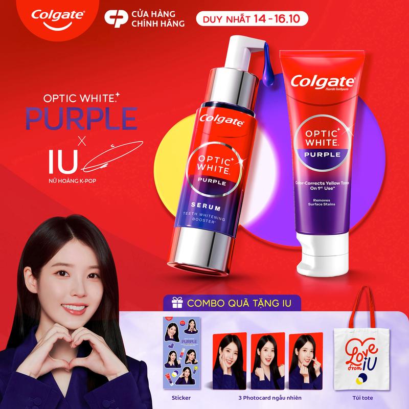 [Duy nhất 14-16.10] Bộ đôi Colgate trắng răng Optic White Purple - Kem đánh răng và Serum tím trung hòa sắc vàng, hỗ trợ răng trắng sáng, an toàn cho men răng
