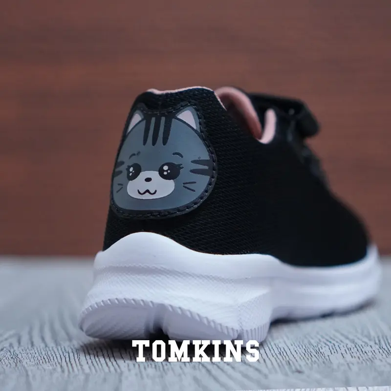 TOMKINS Strays Hitam Pink Sepatu Sekolah Velcro Anak TK SD