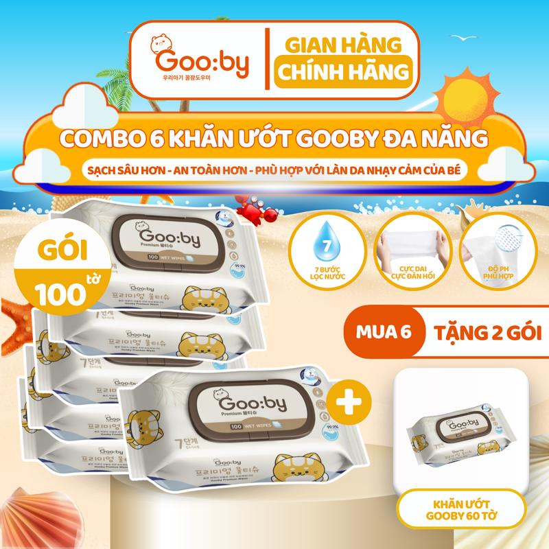 [Mua 6 tặng 2] Khăn ướt Gooby Premium 100 miếng đa năng, mềm mịn, an toàn với làn da của trẻ nhỏ em bé và gia đình