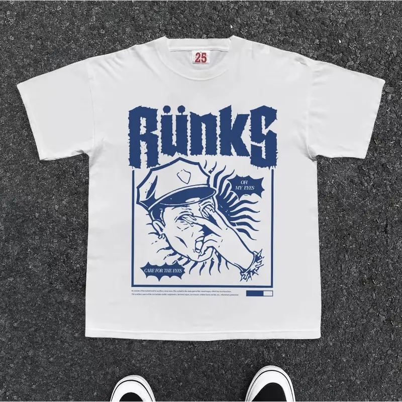 BOOMBAP American retro Style T-shirt Oversize Oh！ My eyes| Kaos Wanita Putih | Kaos pria dan wanita | Street Style 100%Cotton top Crew-neck fashion unisex T-shirt Menswear Top 0