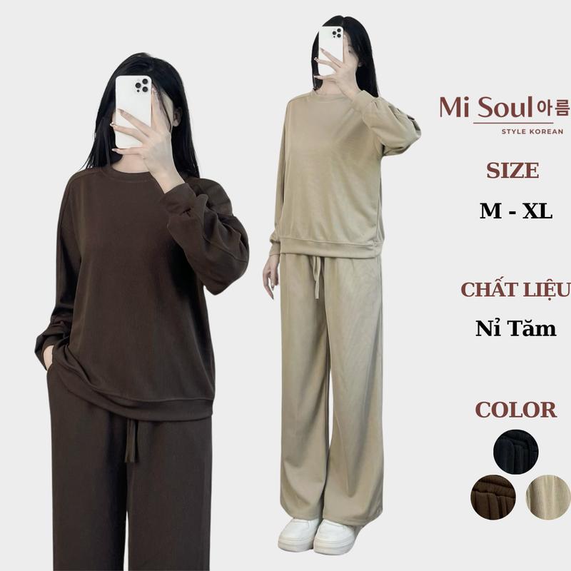 Set Bộ Dài Tay Nỉ Tăm Trơn BigSize Nữ MiSoul, Bộ Quần Áo Thu Đông BigSize Nữ Dài Tay Kèm Quần Dài Cùng Màu 221 Top Kem Nhung Women
