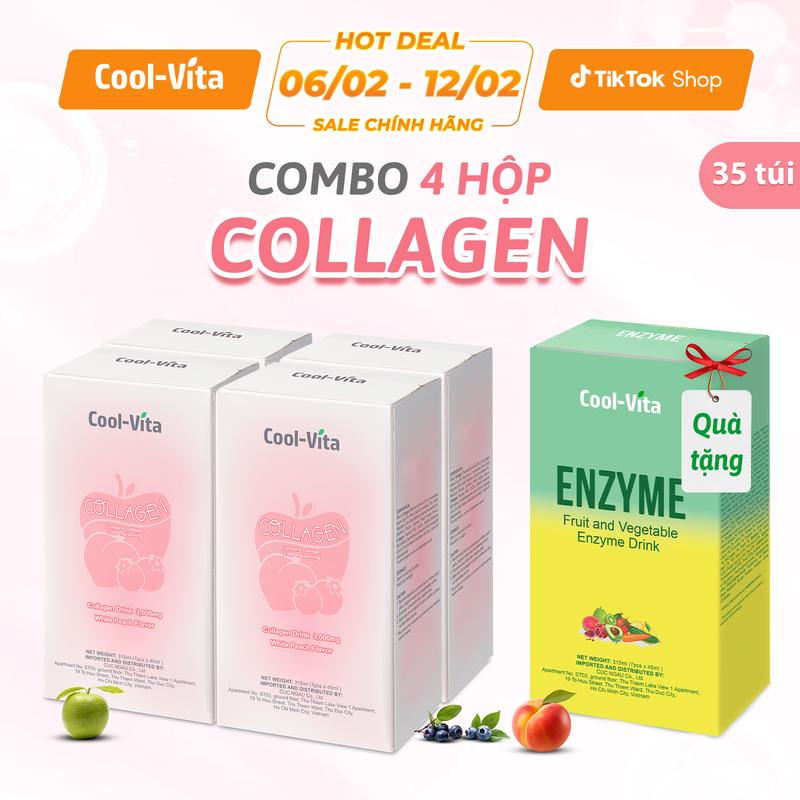 [Live] [Mua 4 tặng 1] Combo 4 Hộp Collagen Uống Hỗ Trợ Trẻ Hóa Da (45 ml× 7 túi)/hộp (Tặng) 1 Hộp Bổ Sung Enzyme Chiết Xuất Từ 34 Loại Rau Củ Coolvita (45 ml× 7 túi)/hộp