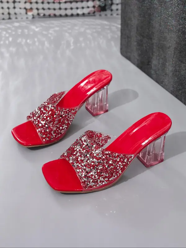 Women's Fashionable Glittering Chain Decorated Heeled Sandals, Elegant Square Toe Slip on Sandals for Summer, Lightweight Breathable Comfortable Shoes for Daily Wear, Girl 5