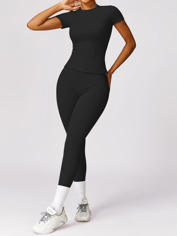 Women's Solid Round Neck Tee & Leggings Tracksuit Set, Sporty Comfy Breathable Sportswear Set for Gym Workout Running, Ladies Sportswear for All Seasons, Activewear 7