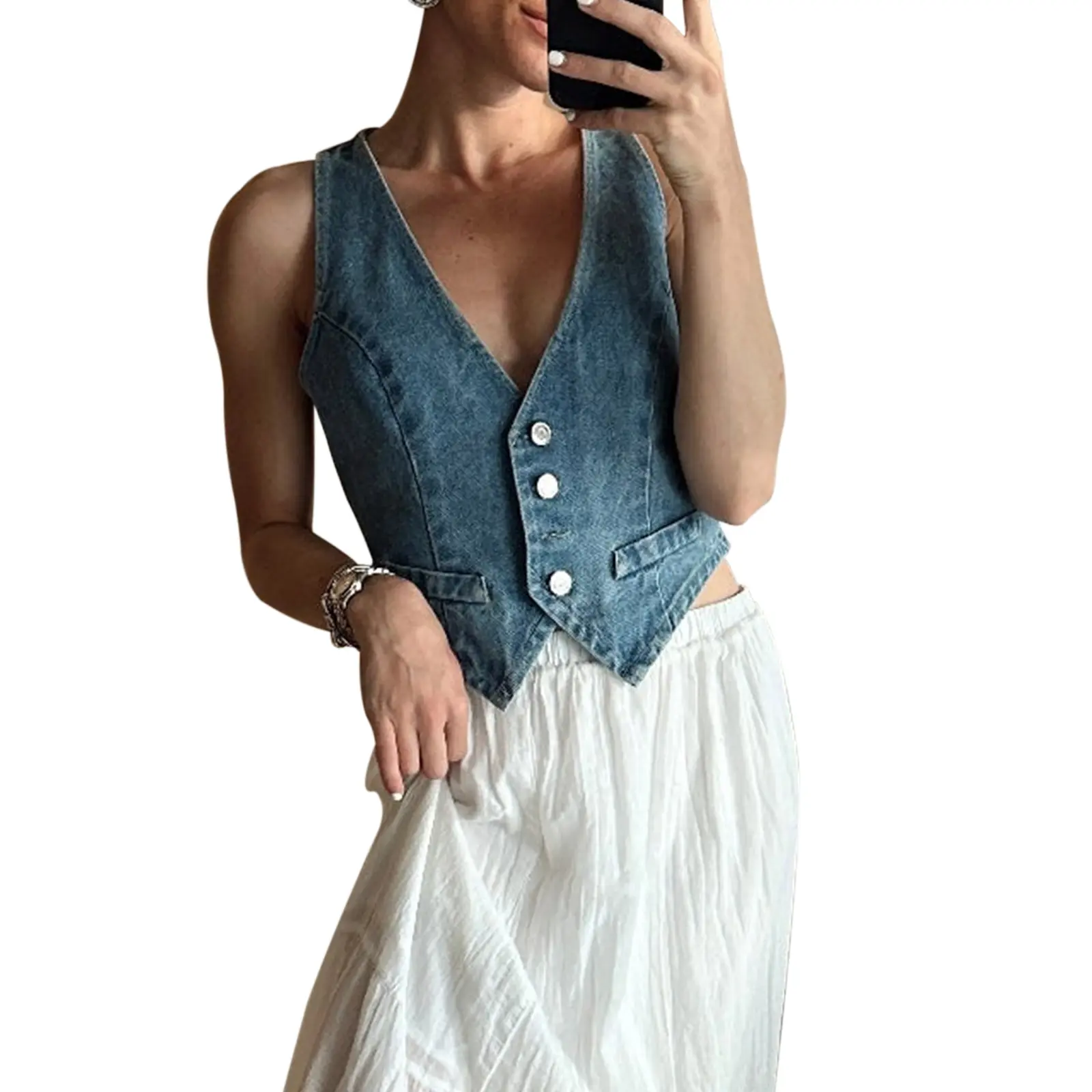 Áo Vest Denim Thường Ngày Cho Nữ Áo Ba Lỗ Không Tay Có Nút Phía Trước Mùa Hè Quần Áo Thẩm Mỹ Cổ Điển Y2k Cho Thời Trang Đường Phố