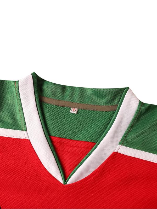 Men's Letter & Figure  Embroidery V Neck Sports T-shirt, Casual Loose Long Sleeve Hockey Jersey for All Seasons, Men's Sportswear for Outdoor Activities 5