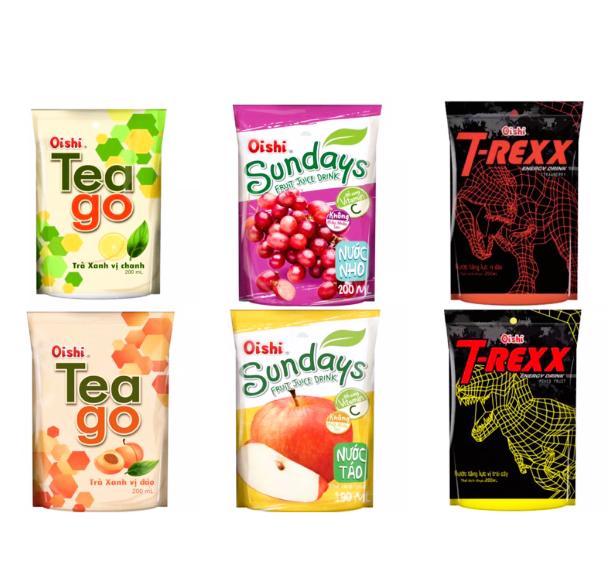 Bán sỉ 1 thùng nước 50 gói trà xanh, nước tăng lực đủ vị Tea Go Oishi thơm mát gồm 6 vị (túi 180ml kèm ống hút)