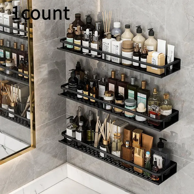 Wall Mounted Bathroom Storage Rack, 1 Count Metal Bathroom Toiletries Storage Shelf, Bathroom Drain Storage Rack with Rod, Bathroom Organiser, Household Towel Holder 0